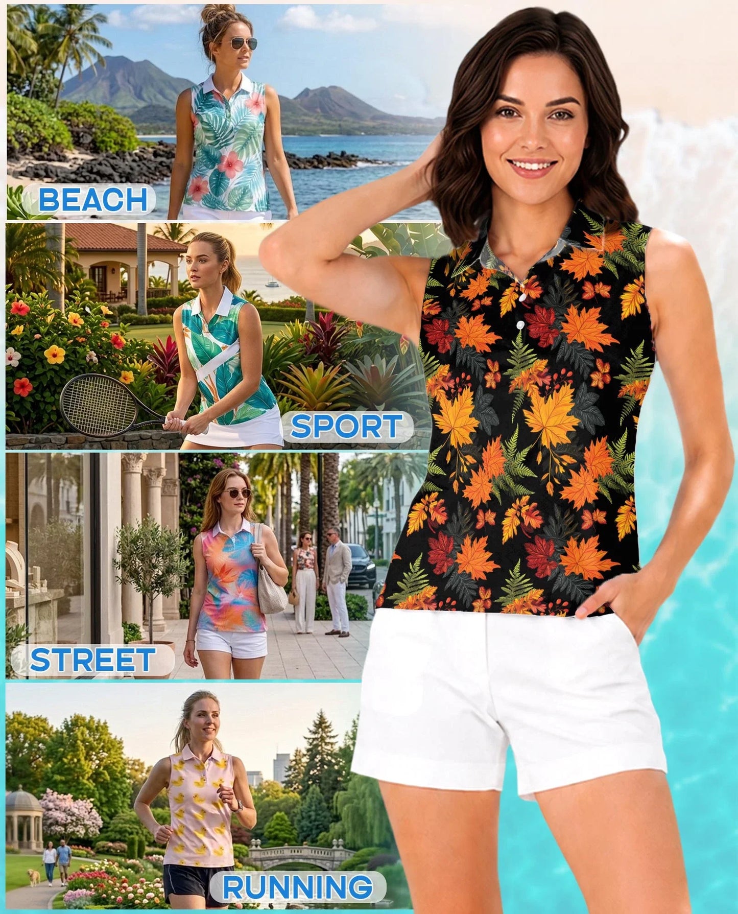 Autumn Maple Leaf Pattern Sleeveless Polo Shirt for Women | Azhawaiian