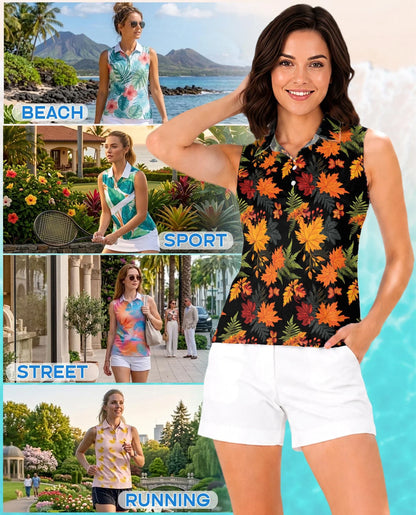 Autumn Maple Leaf Pattern Sleeveless Polo Shirt for Women | Azhawaiian