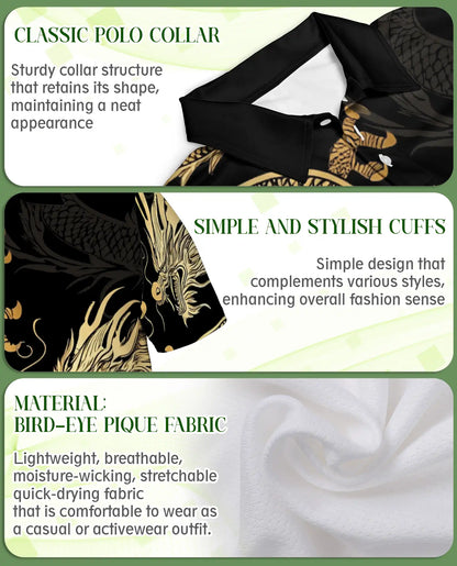 Gold Dragon 3D Polo Shirt for Men, Black Asian Fantasy Art Style | Azhawaiian