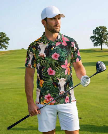 Holstein Cow Tropical Polo Shirt - Hawaiian Farm Animal Floral Design | Azhawaiian