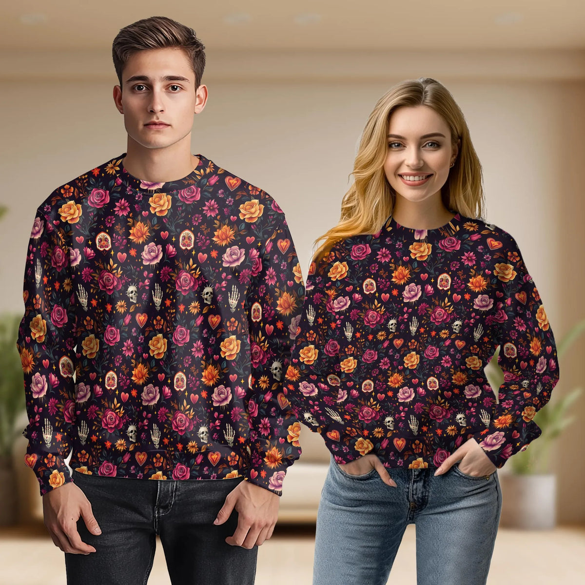 Skull and Hand Bones Floral Pattern Sweatshirt – Colorful Graphic 3D All Over Print Design