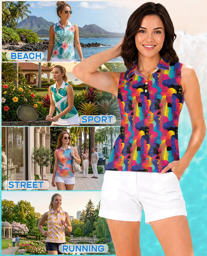80s Memphis Pattern Sleeveless Polo Shirt for Women | Azhawaiian
