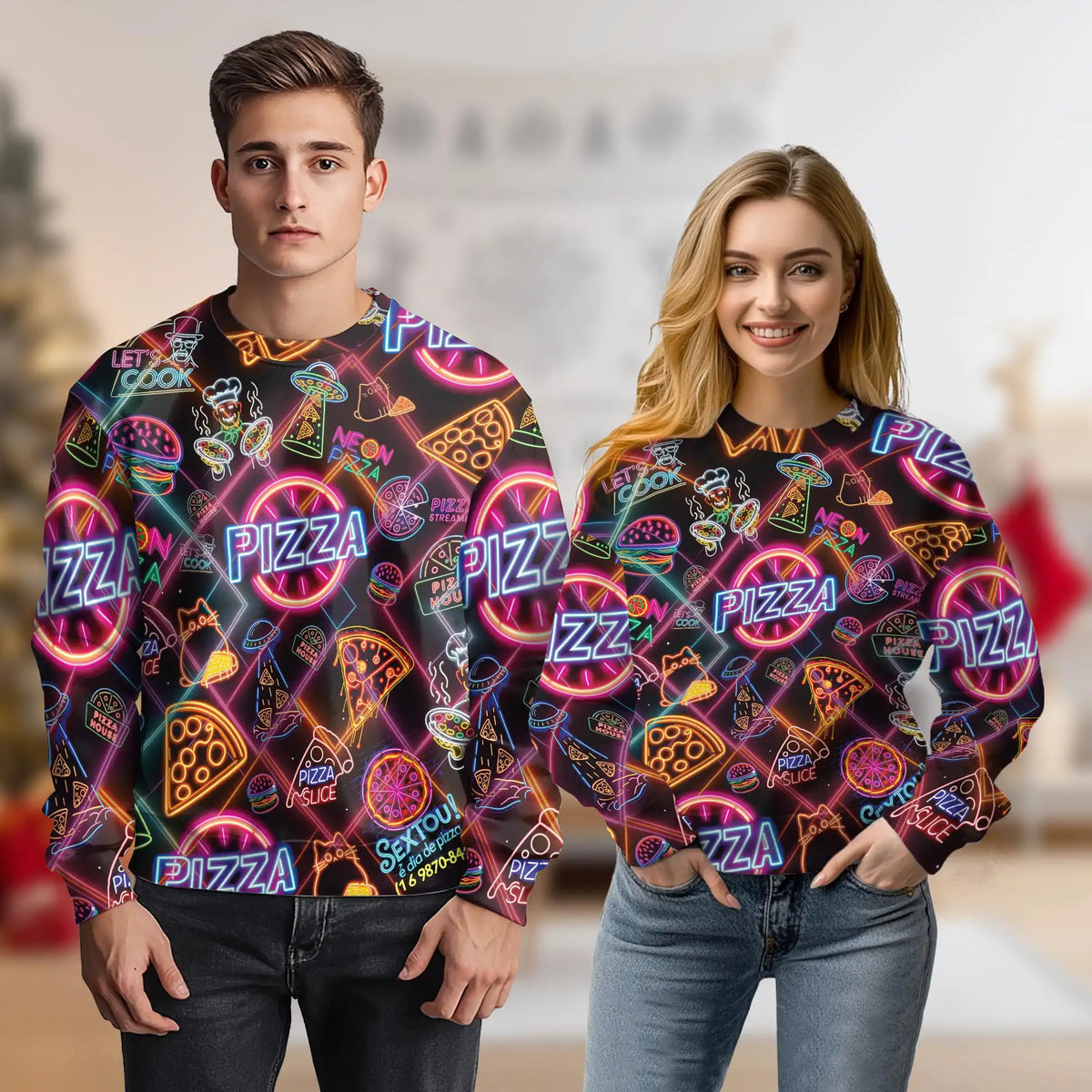 Vibrant Neon Pizza Pattern Sweatshirt – Colorful Graphic 3D All Over Print Design