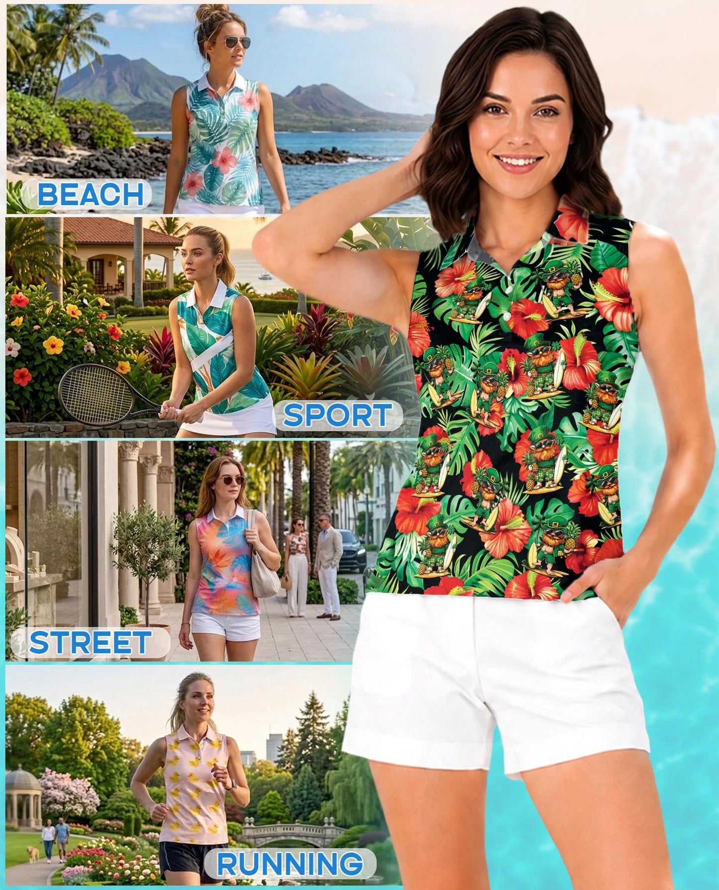Funny Surfing Leprechaun Tropical Sleeveless Polo Shirt for Women | Azhawaiian