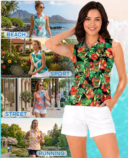 Funny Surfing Leprechaun Tropical Sleeveless Polo Shirt for Women | Azhawaiian
