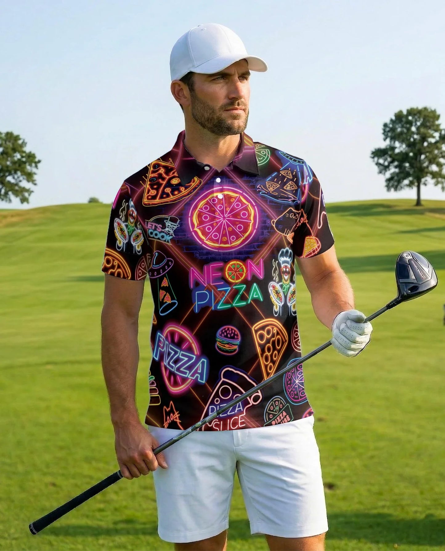 Neon Pizza Polo Shirt for Men, Colorful Food Lover Style | Azhawaiian