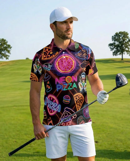 Neon Pizza Polo Shirt for Men, Colorful Food Lover Style | Azhawaiian