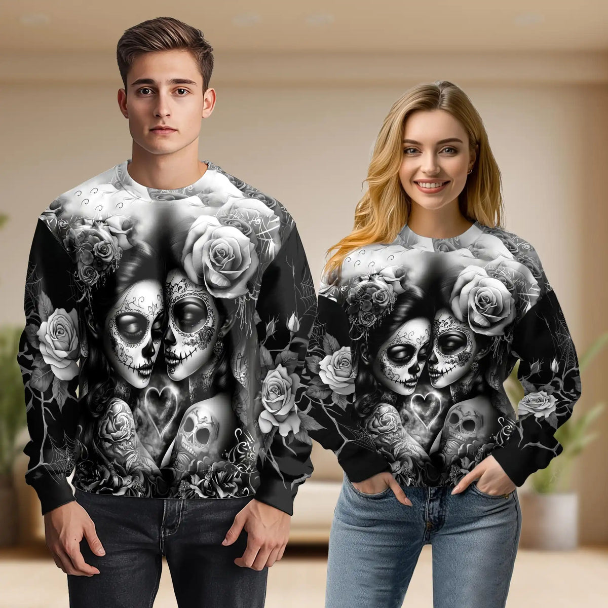 Lesbian Skull Couple Sweatshirt – Colorful Graphic 3D All Over Print Design