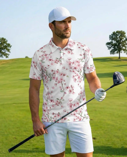 Cherry Blossom Polo Shirt for Men, Spring Floral Style | Azhawaiian