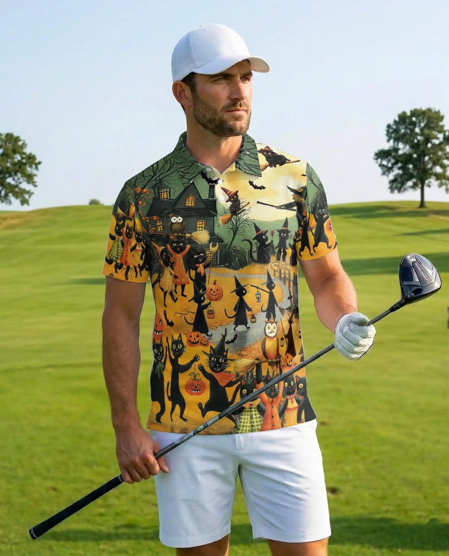 Halloween Cat Parade Polo Shirt for Men, Spooky Black Cats Print | Azhawaiian