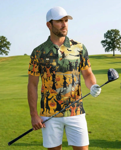 Halloween Cat Parade Polo Shirt for Men, Spooky Black Cats Print | Azhawaiian