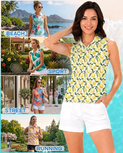 Lemon Pattern Sleeveless Polo Shirt for Women | Azhawaiian