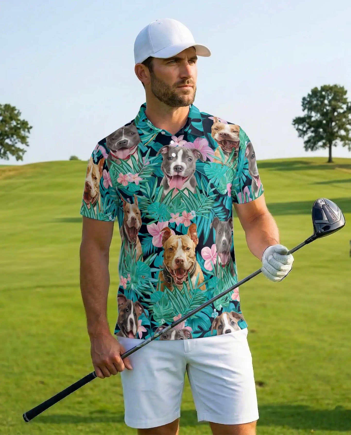 Happy Dogs Tropical Polo Shirt for Men, Cute Dog Print | Azhawaiian