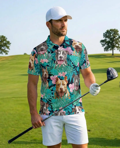 Happy Dogs Tropical Polo Shirt for Men, Cute Dog Print | Azhawaiian