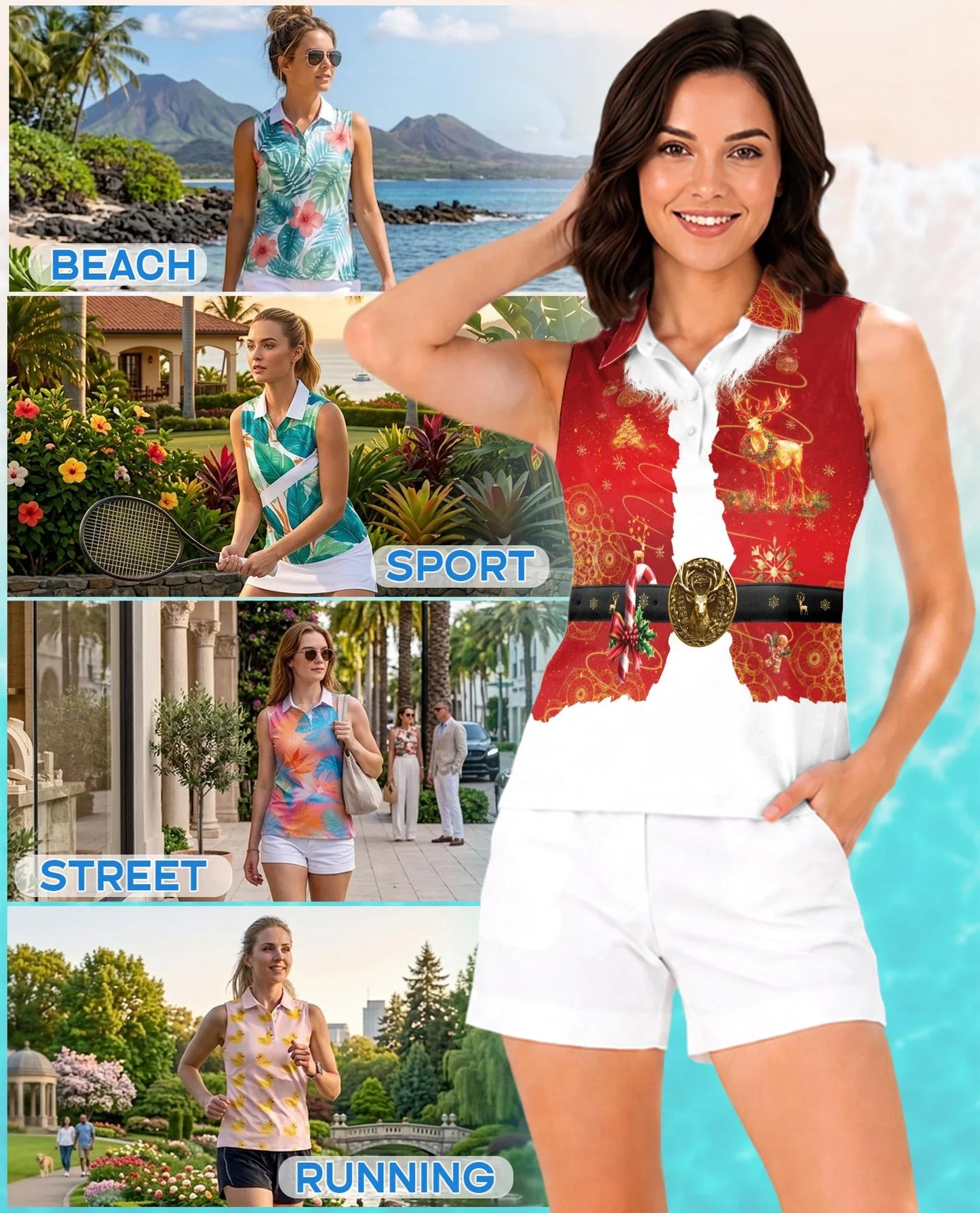 Santa Claus Christmas Costume Sleeveless Polo Shirt for Women | Azhawaiian