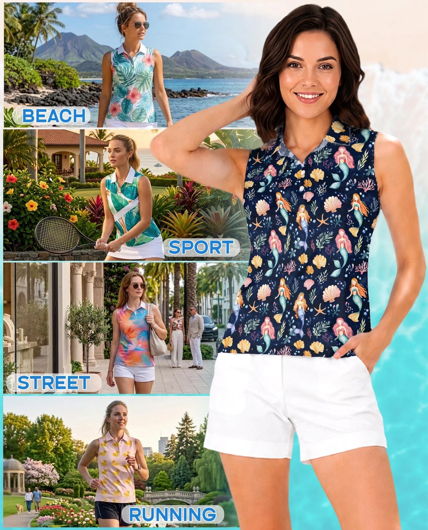Cute Mermaid Sleeveless Polo Shirt for Women | Azhawaiian