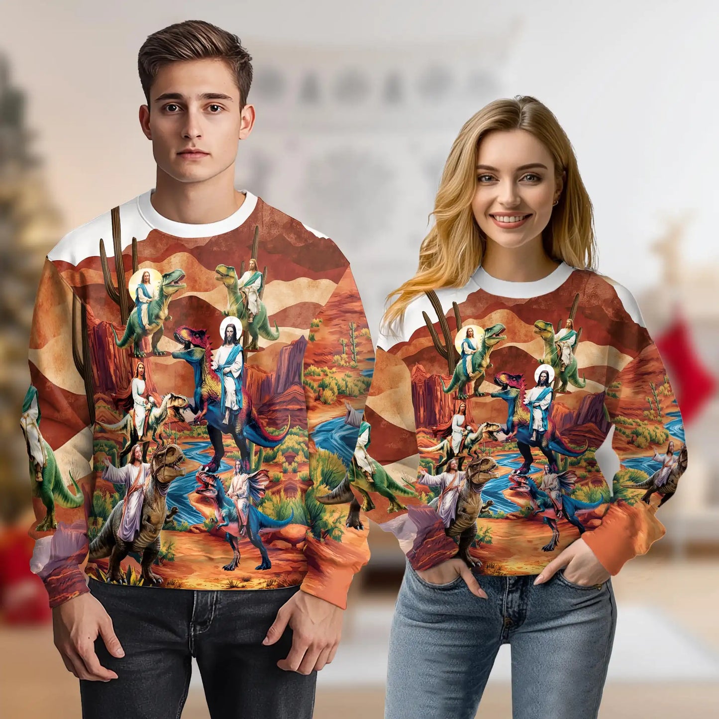 Jesus Riding Dinosaur Orange Sweatshirt – Colorful Graphic 3D All Over Print Design