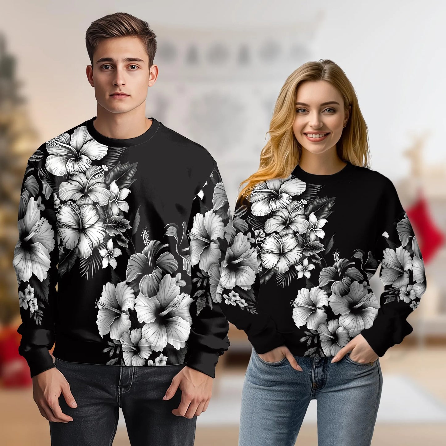 Black and White Hibiscus Polynesian Sweatshirt – Tropical 3D All Over Print Design