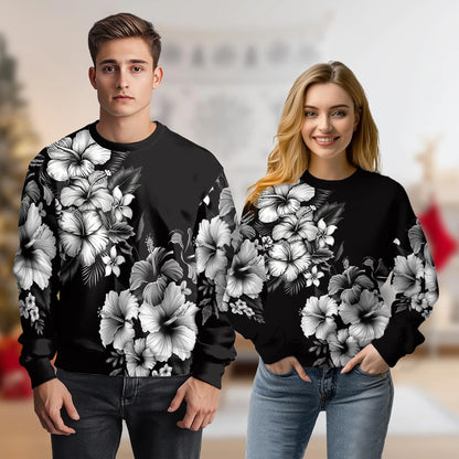Black and White Hibiscus Polynesian Sweatshirt – Tropical 3D All Over Print Design
