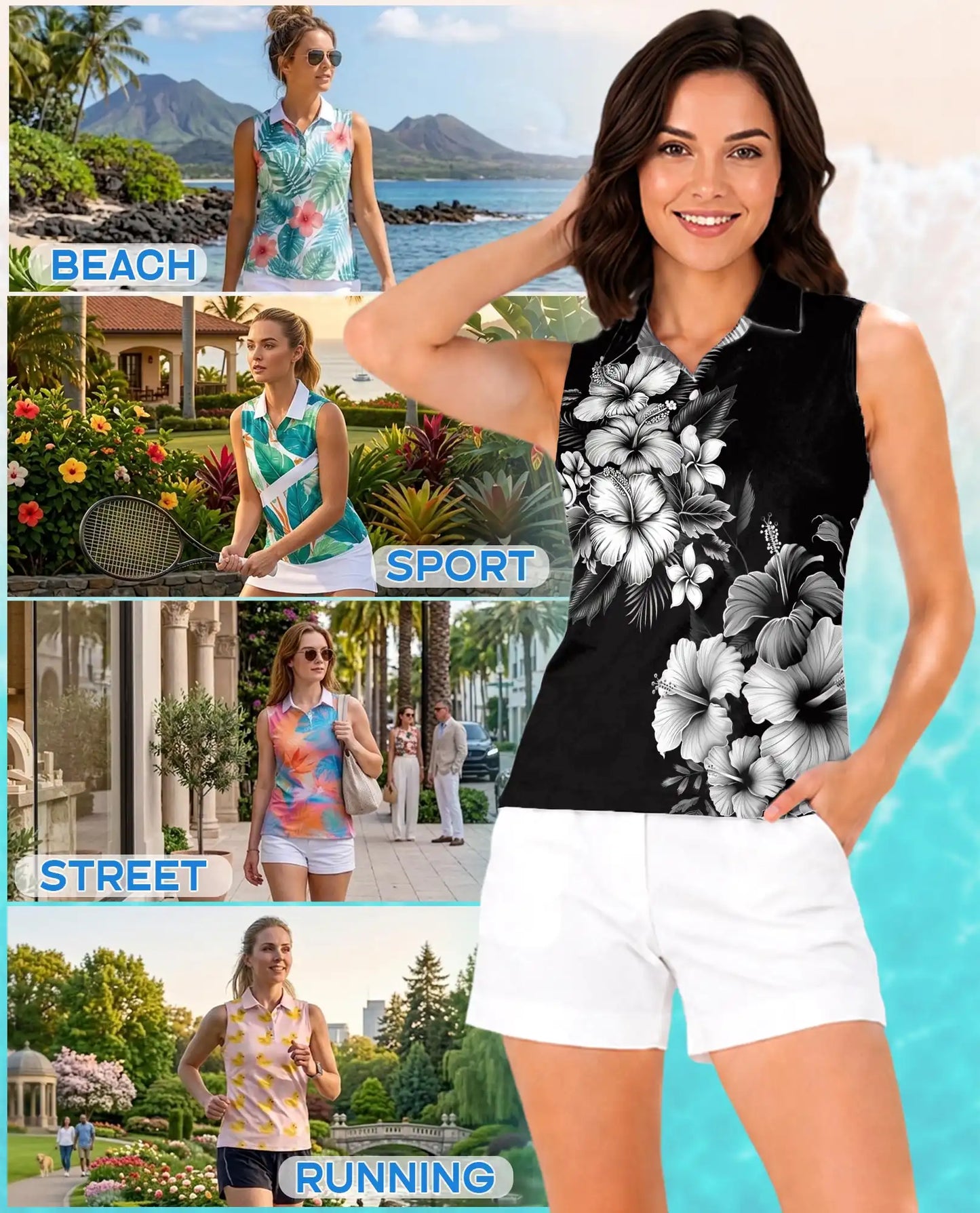 Black And White Hibiscus Polynesian Sleeveless Polo Shirt for Women | Azhawaiian