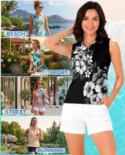 Black And White Hibiscus Polynesian Sleeveless Polo Shirt for Women | Azhawaiian