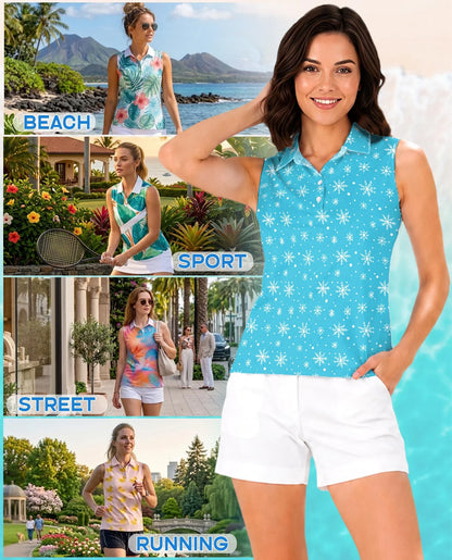 Snowflake Print Sleeveless Polo Shirt for Women | Azhawaiian