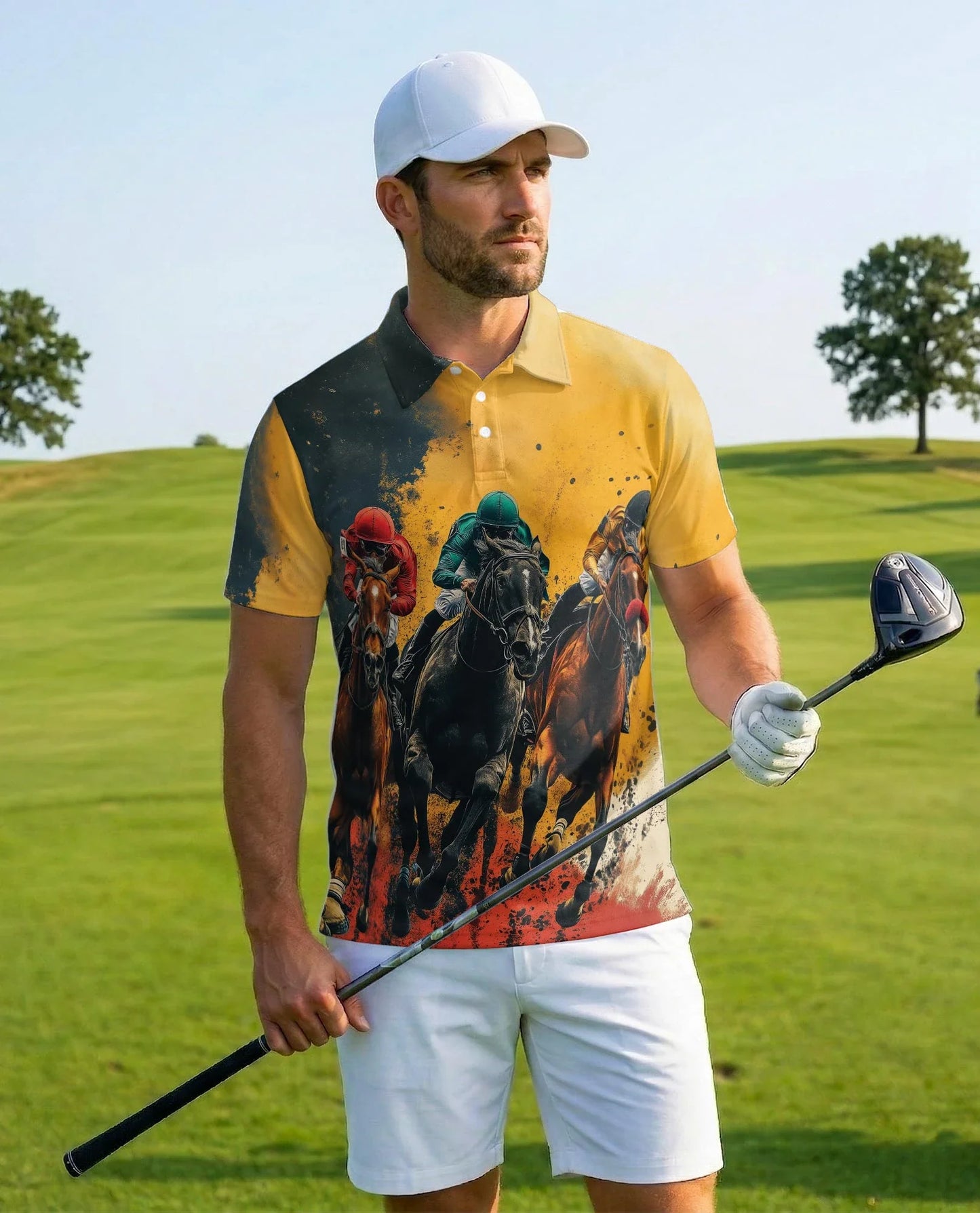 Rustic Racing Horse Polo Shirt for Men, Vintage Equestrian Style | Azhawaiian