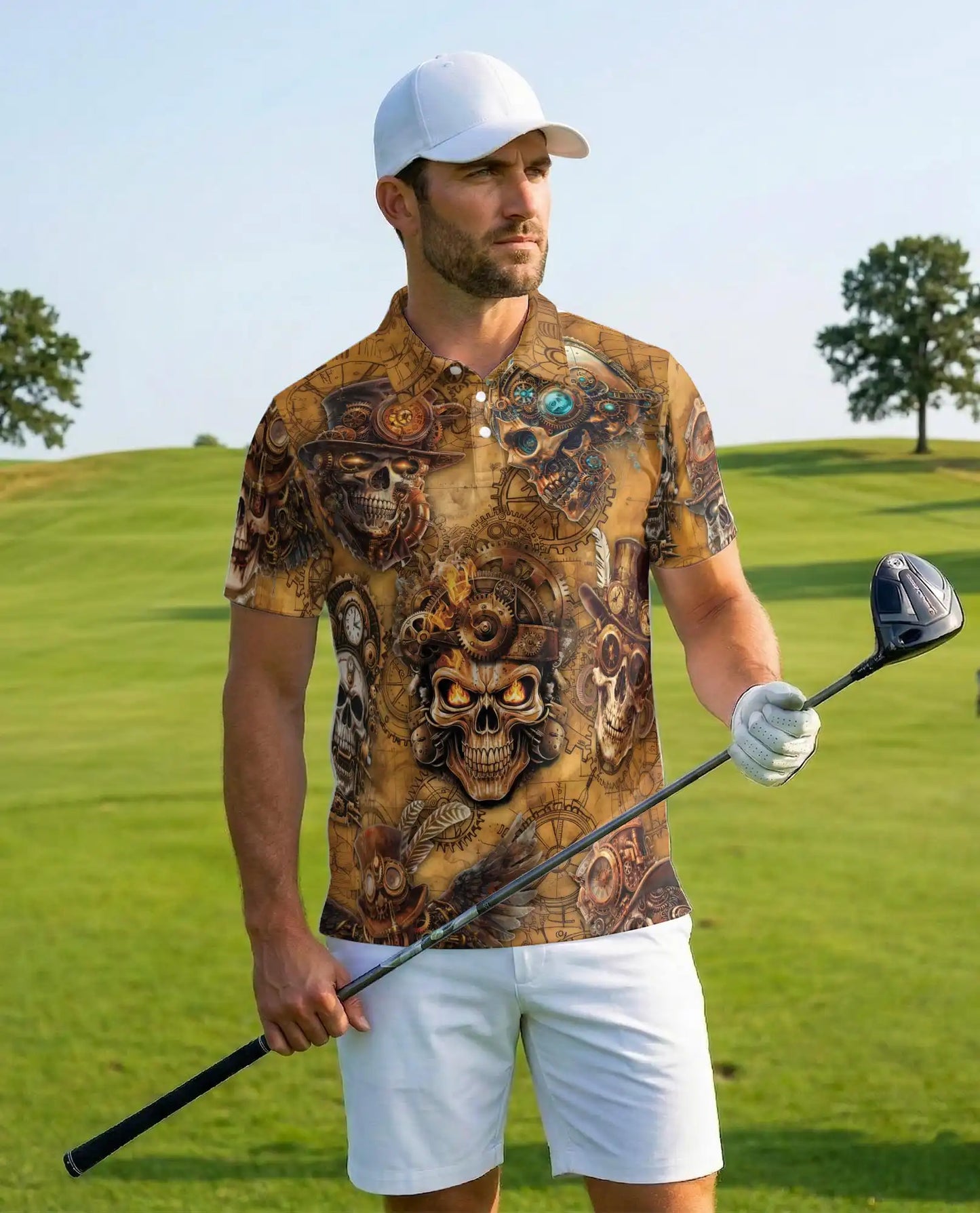 Steampunk Skull Polo Shirt for Men, Mechanical Gothic Skeleton Design | Azhawaiian