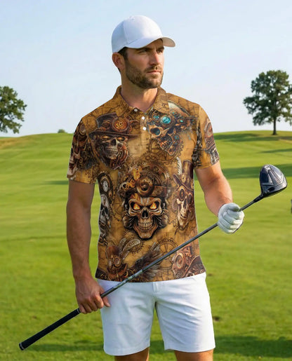 Steampunk Skull Polo Shirt for Men, Mechanical Gothic Skeleton Design | Azhawaiian