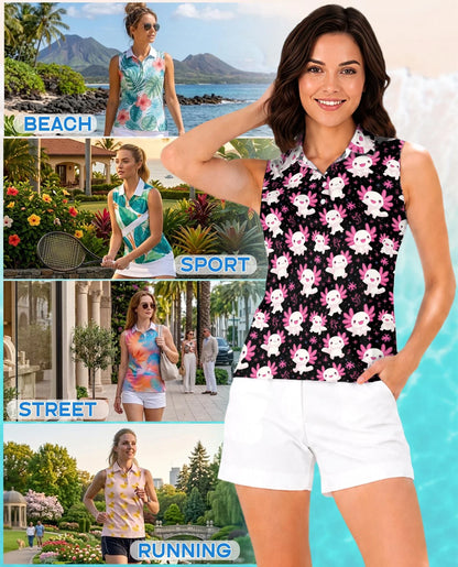 Axolotl Pattern Sleeveless Polo Shirt for Women, Cute Aquatic Animal Style | Azhawaiian