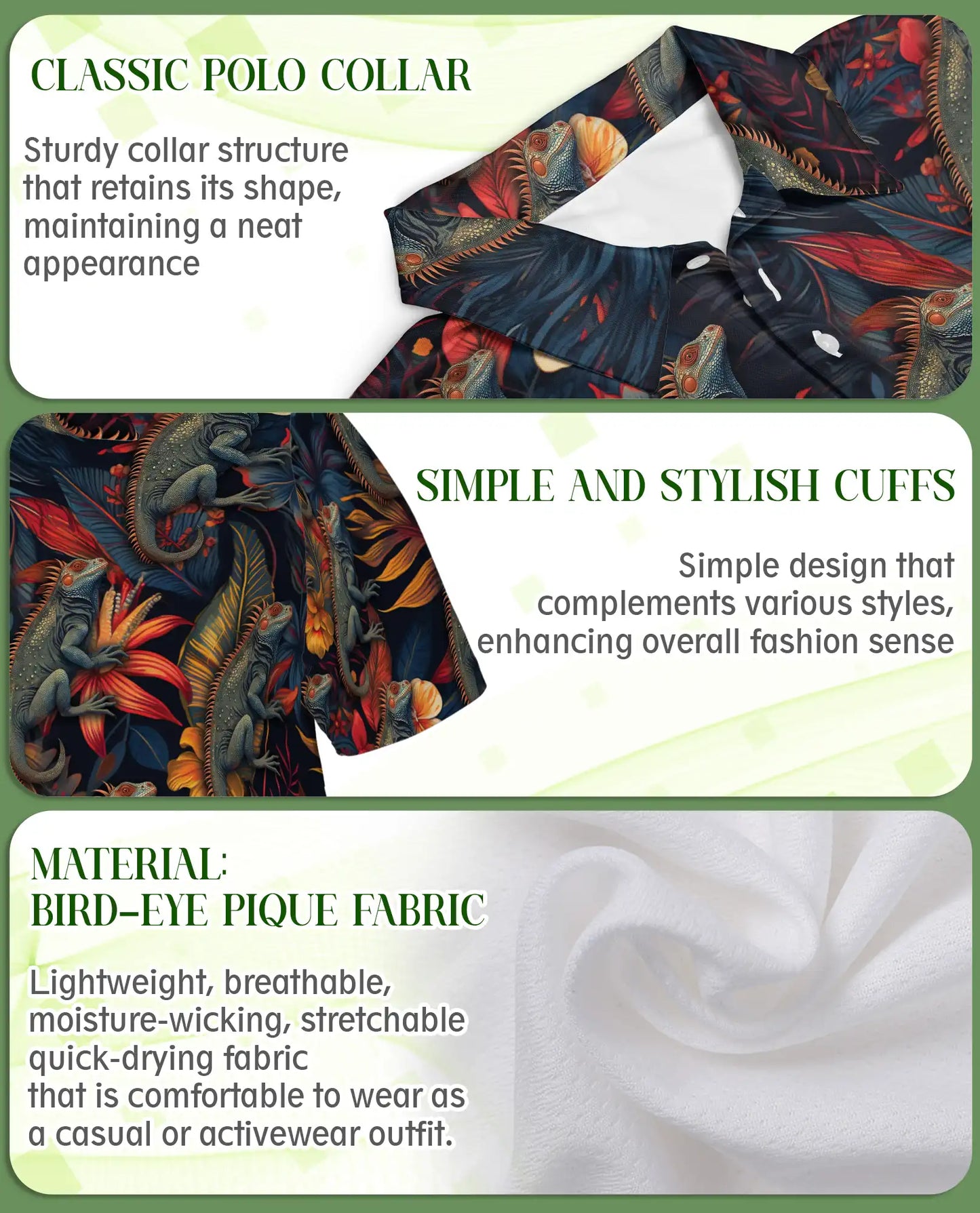 Iguana Tropical 3D Polo Shirt for Men, Reptile Jungle Floral Style | Azhawaiian