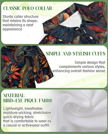 Iguana Tropical 3D Polo Shirt for Men, Reptile Jungle Floral Style | Azhawaiian
