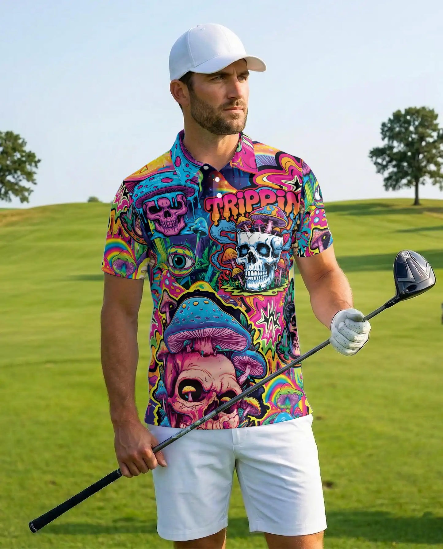 Trippy Psychedelic Skull Polo Shirt for Men, Colorful Mushroom Art | Azhawaiian