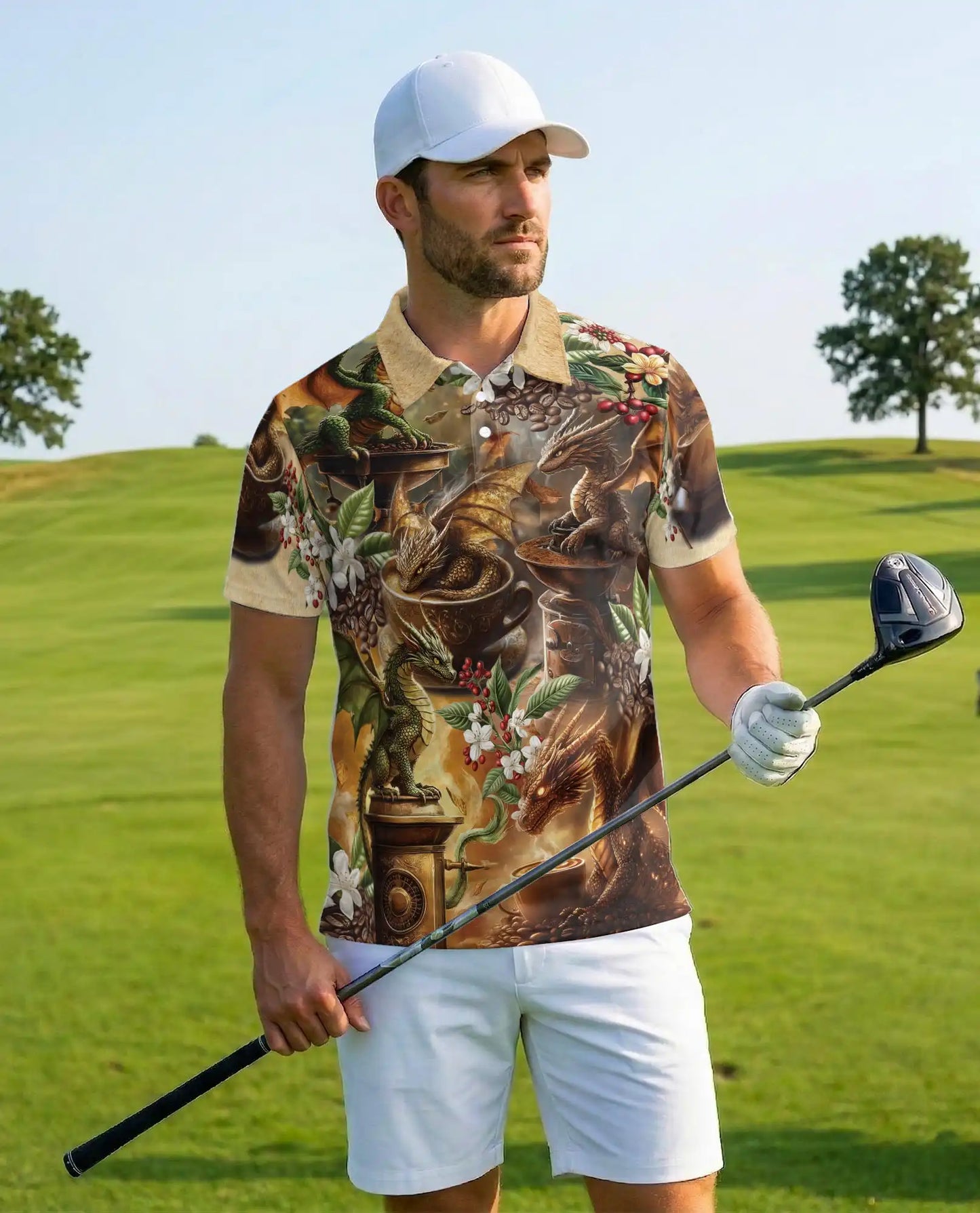 Coffee Dragon Polo Shirt for Men - Fantasy Coffee Lover | Azhawaiian