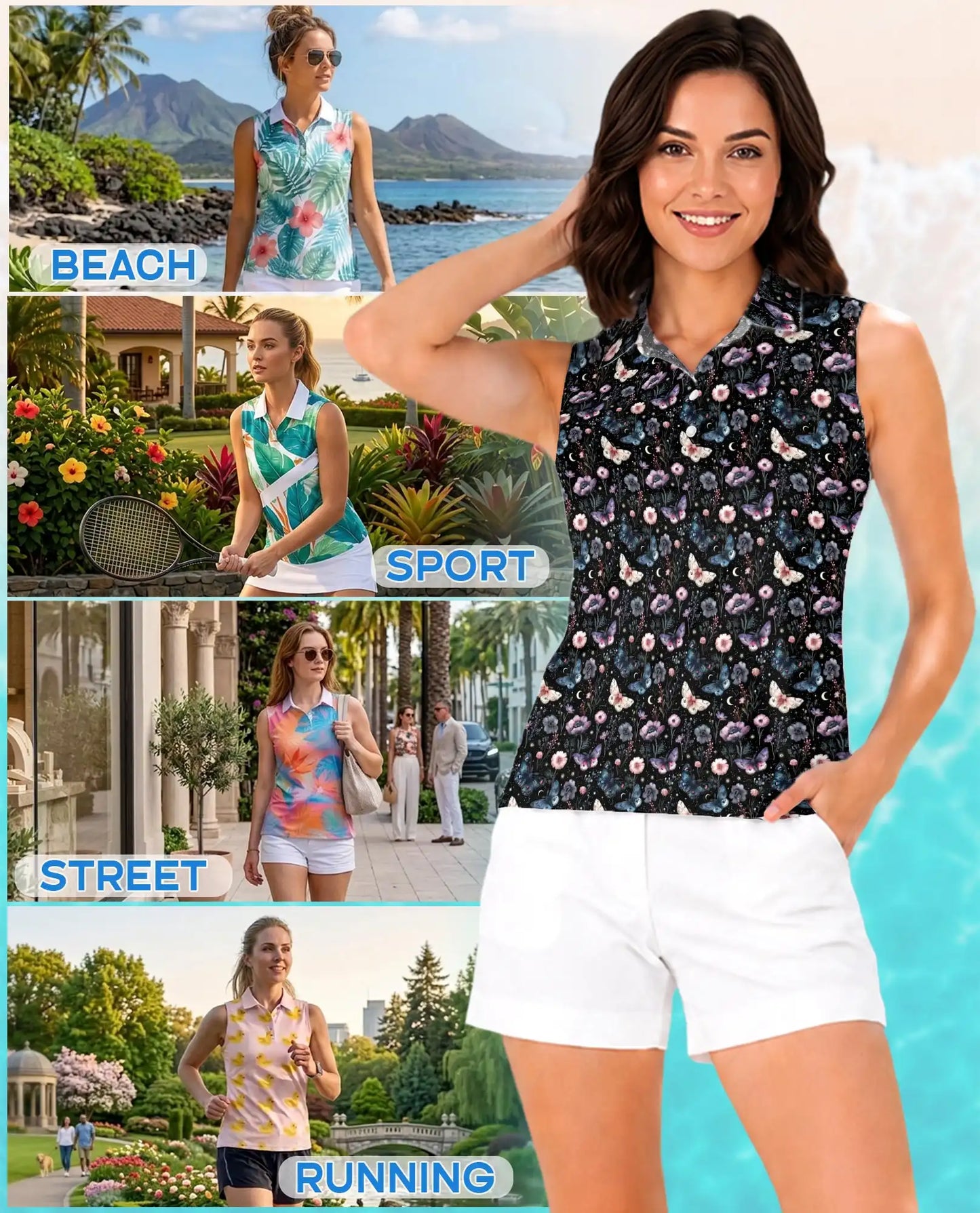 Dark Butterfly Floral Sleeveless Polo Shirt for Women, Elegant Nature Style | Azhawaiian