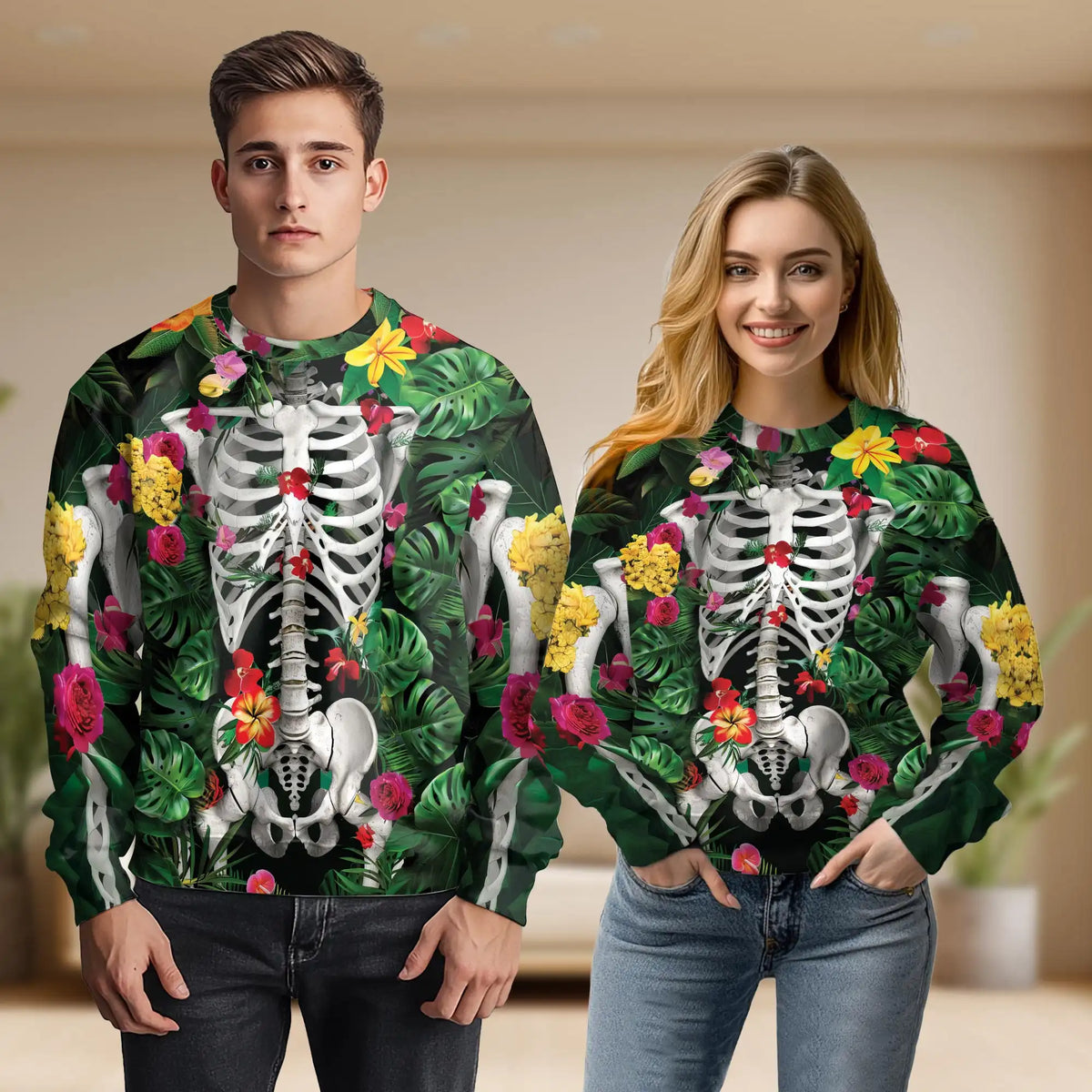 Skeleton Flowers Sweatshirt – Colorful Graphic 3D All Over Print Design