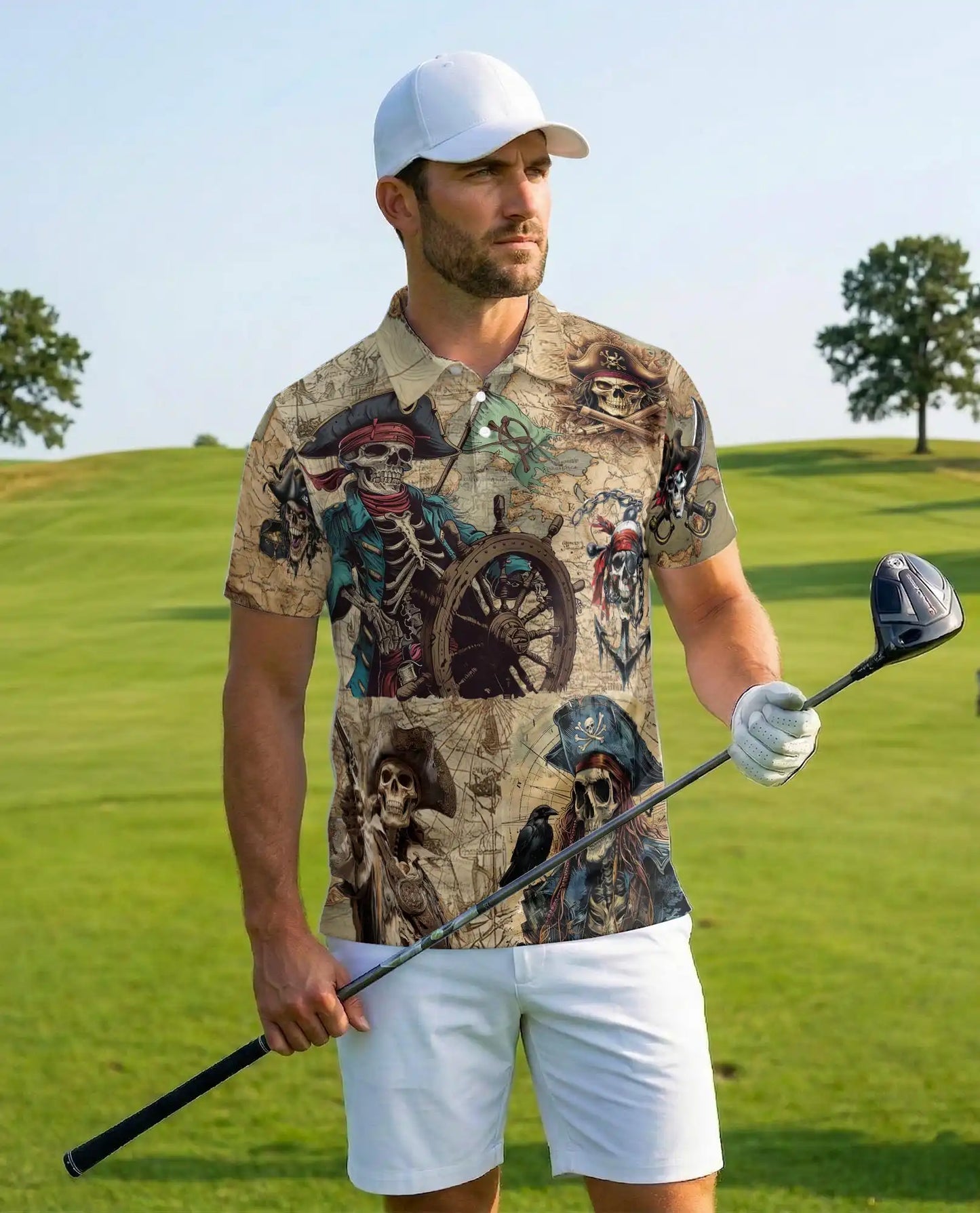 Pirate Skeleton Adventure Polo Shirt for Men, Skull Pirate Design | Azhawaiian