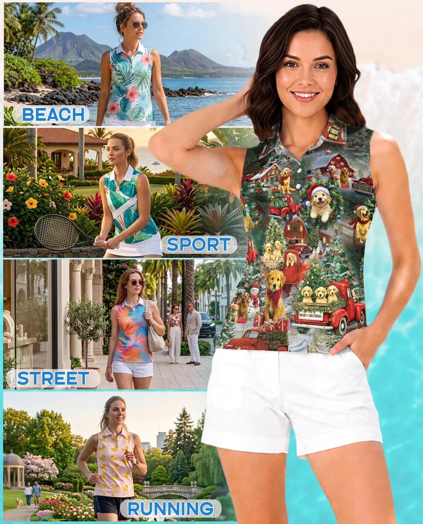 Christmas Golden Retriever Sleeveless Polo Shirt for Women | Azhawaiian