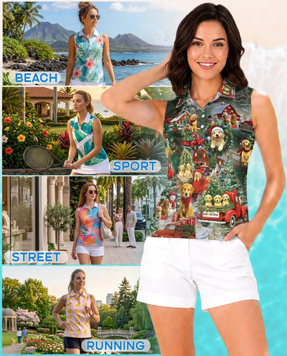 Christmas Golden Retriever Sleeveless Polo Shirt for Women | Azhawaiian