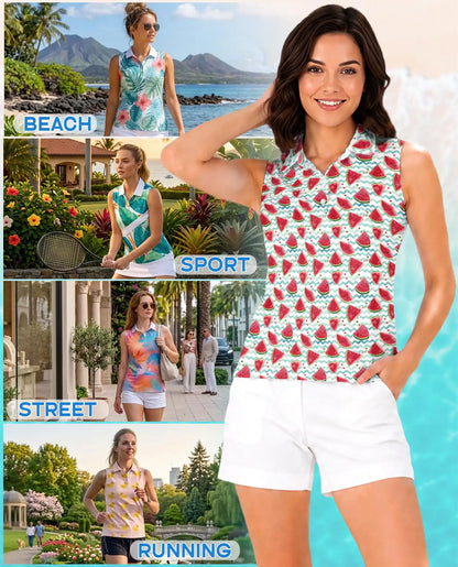 Watermelon Chevron Pattern Sleeveless Polo Shirt for Women| Azhawaiian