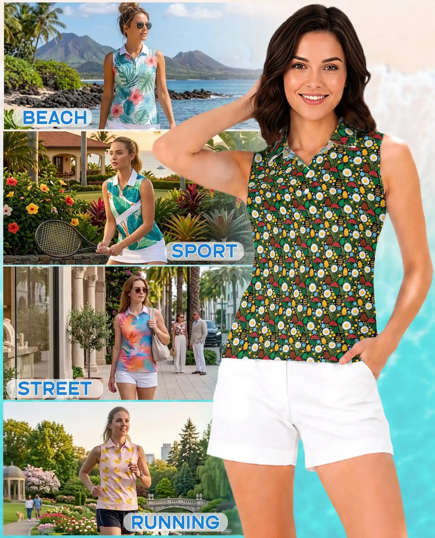 Daisy And Honey Bee Print Sleeveless Polo Shirt for Women | Azhawaiian