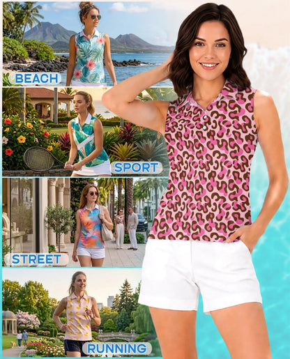 Pink Cheetah Print Sleeveless Polo Shirt for Women, Bold Animal Fashion Style | Azhawaiian