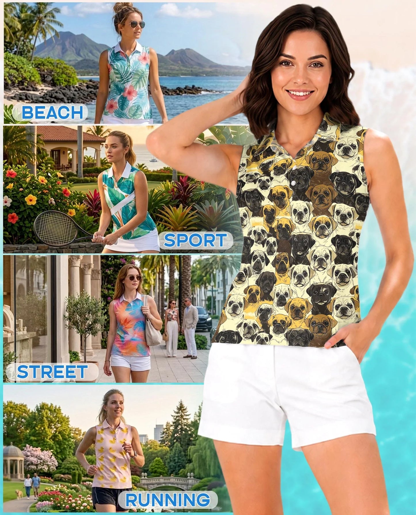 Pug Dog Pattern Sleeveless Polo Shirt for Women