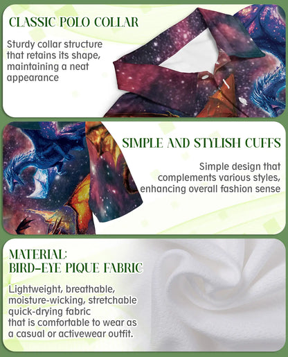 Cosmic Fantasy Dragon 3D Polo Shirt for Men, Galaxy Mythical Creature Style | Azhawaiian