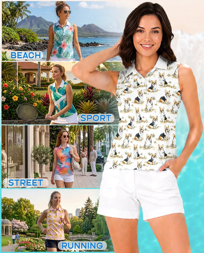 Smiling Corgi Sleeveless Polo Shirt for Women | Azhawaiian