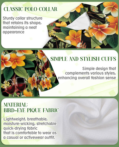 Tropical Wine Floral 3D Polo Shirt for Men, Elegant Hawaiian Party Style | Azhawaiian