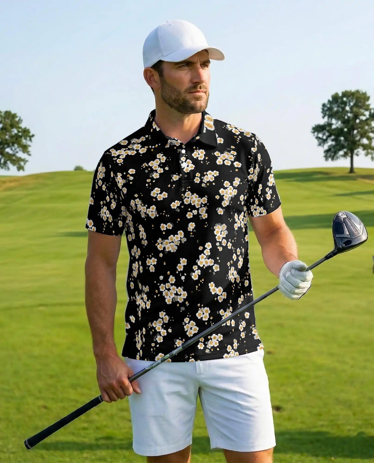 Daisy Flower Polo Shirt for Men, Minimal Floral Style | Azhawaiian