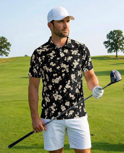 Daisy Flower Polo Shirt for Men, Minimal Floral Style | Azhawaiian