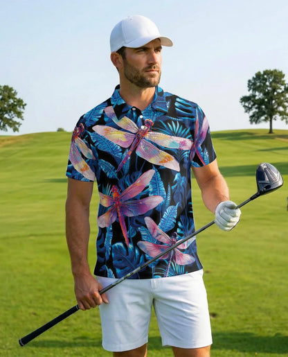 Dragonfly Blue Tropical Polo Shirt for Men, Island Nature Style | Azhawaiian