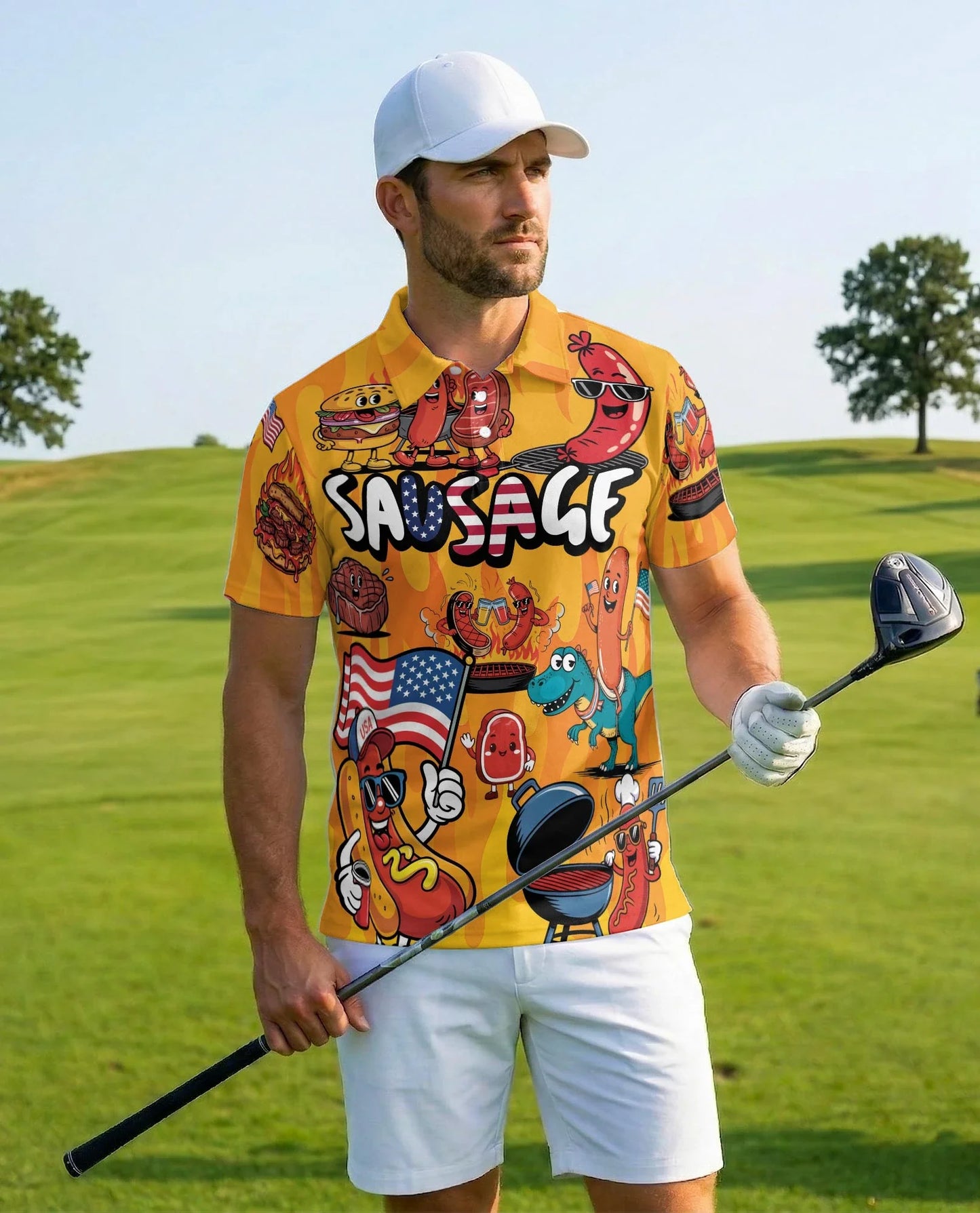 Funny Sausage Polo Shirt for Men, Cute Food Lover Style | Azhawaiian